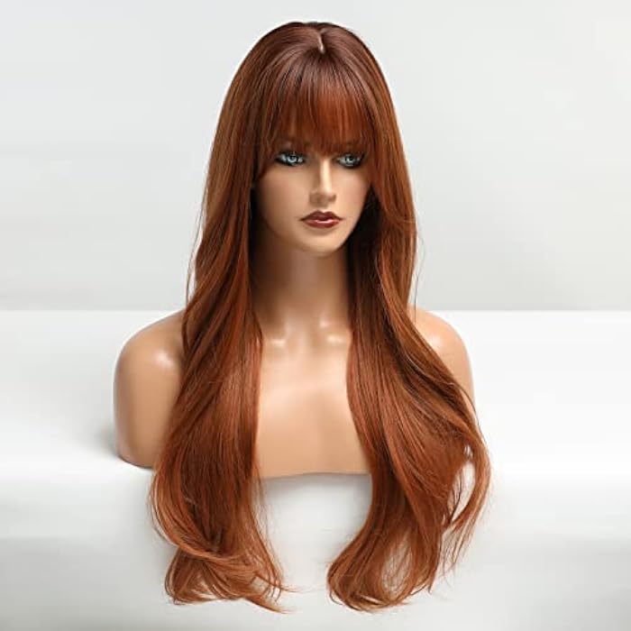 DILLARDS Long Curly Reddish Brown Wigs For Women Long Wave Wig Heat Resistant Synthetic Wigs With Fringe Bang Natural Looking - Image 2